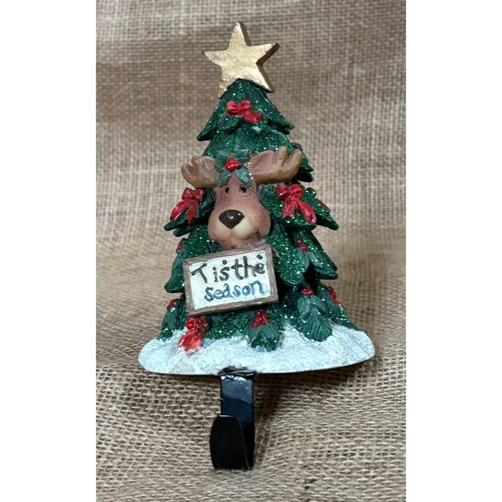 Stocking Holder Deer In Christmas Tree Sparkly Kitsch Whimsical Holiday Fun